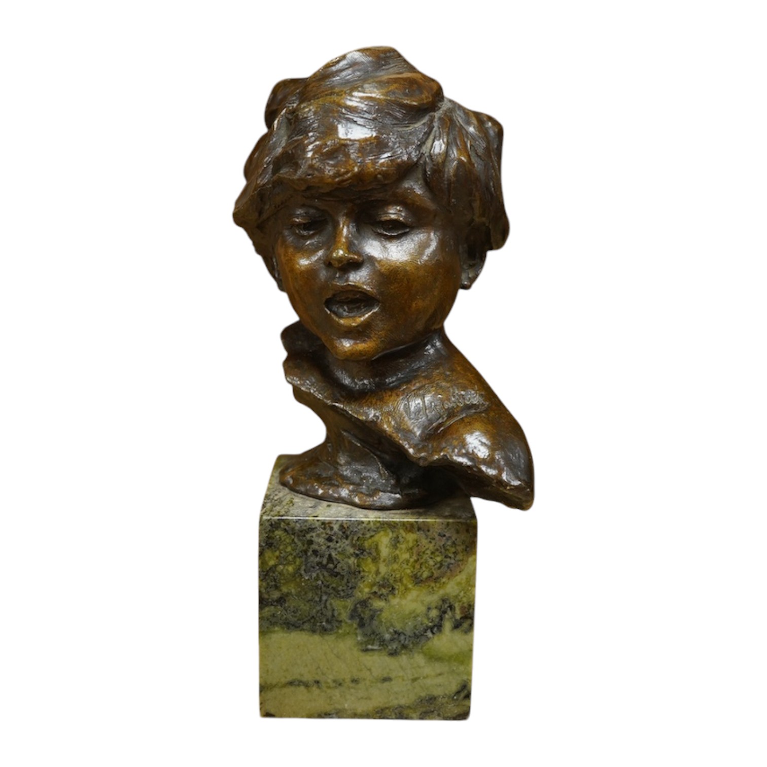 Jean Antoine Injalbert, bronzed head of a child on marble base, 28cm. Condition - good